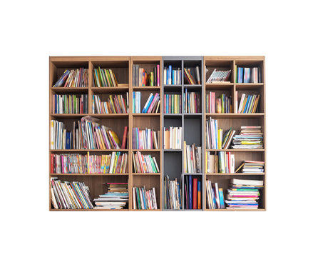 Bookshelf, blurred effects on books cover, isolated with clipping path