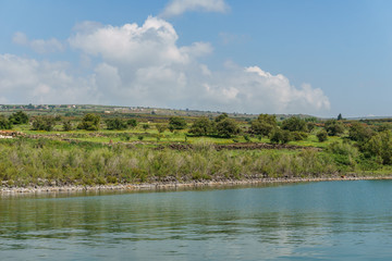 Sea of Galilee in Israel at foggy spring day.