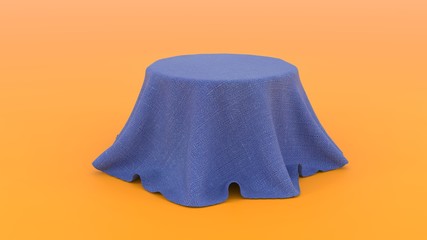 3d illustration of Round table covered with blue fabric isolated on orange background 