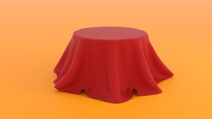3d illustration of Round table covered with red fabric isolated on orange background 
