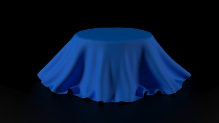 3d illustration of Round table covered with blue fabric isolated on black background