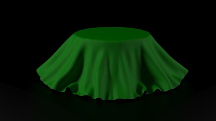 3d illustration of Round table covered with green fabric isolated on black background 