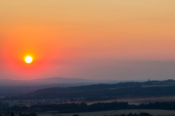 Nice sunset on hills near Ceske Budejovice, Czech landscape