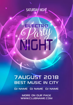 Party electro night colorful flyer template vector in blue and violet color