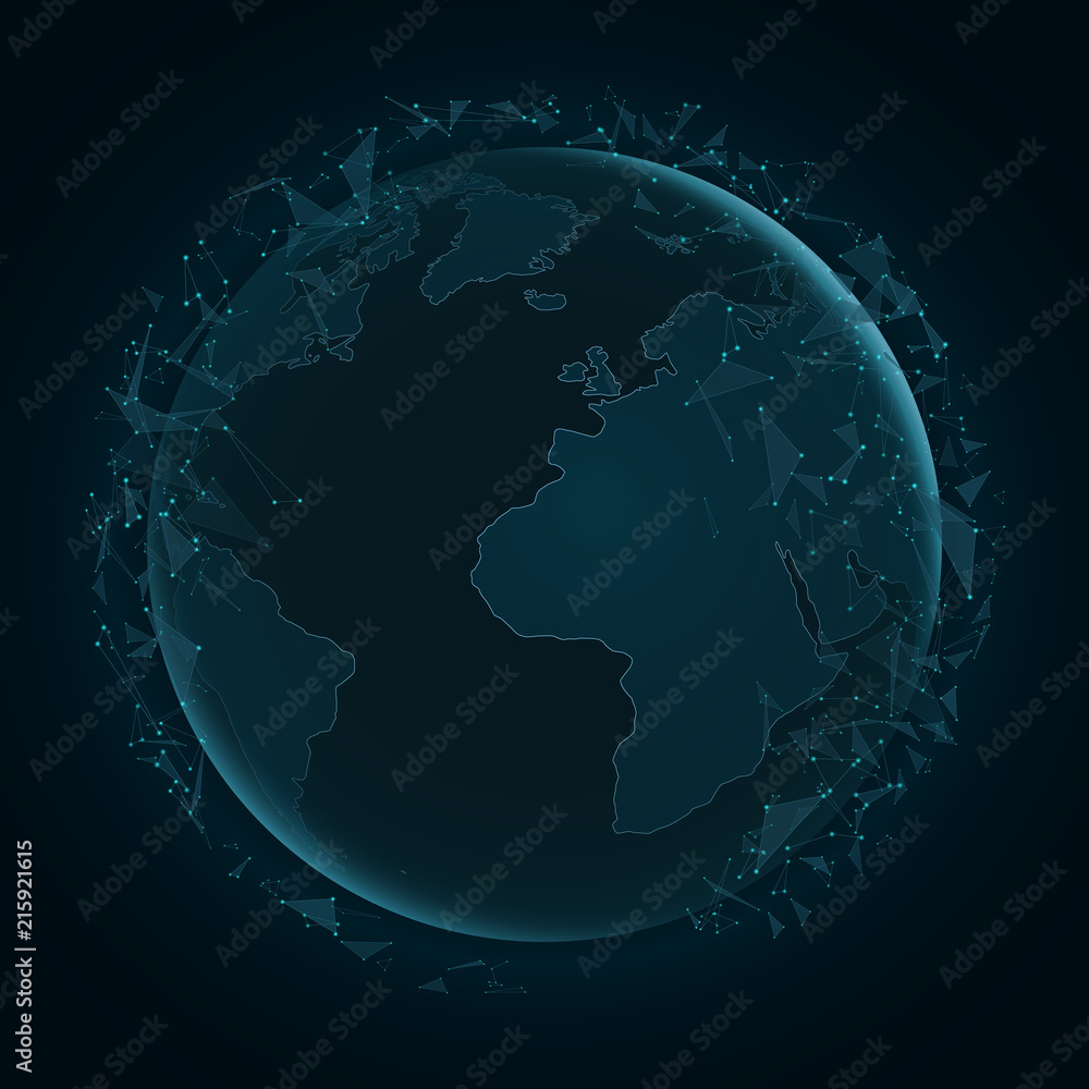 Poster abstract planet earth with flying triangles. world map. blue lights. sci-fi and hi-tech. plexus styl