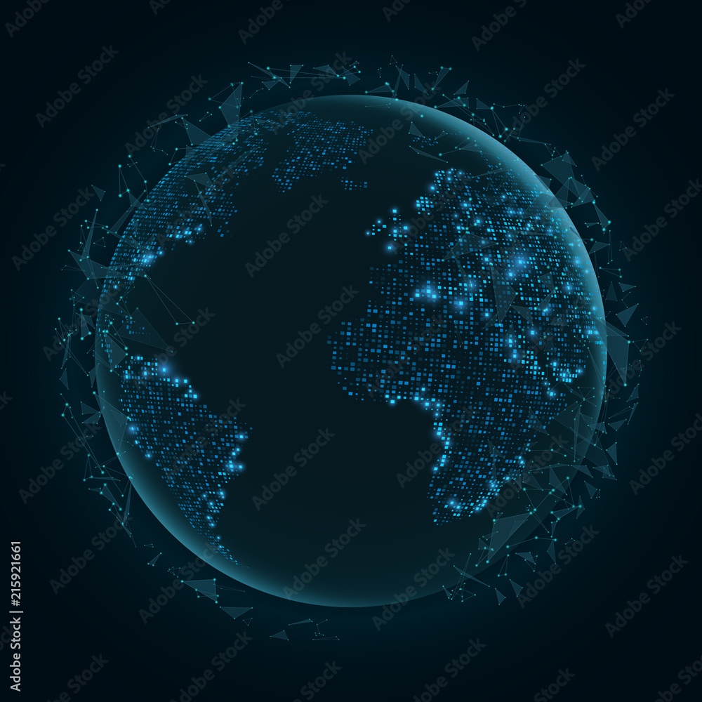 Poster abstract planet earth with flying triangles. world map. blue lights. sci-fi and hi-tech. plexus styl