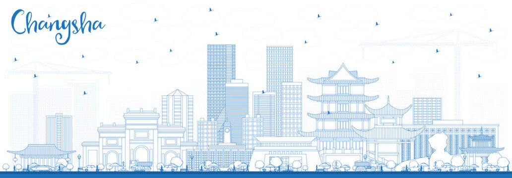 Outline Changsha China City Skyline with Blue Buildings.