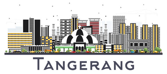 Fototapeta premium Tangerang Indonesia City Skyline with Gray Buildings Isolated on White.