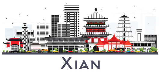 Fototapeta premium Xian China Skyline with Color Buildings Isolated on White.