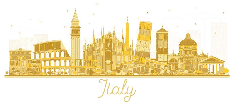 Italy City Skyline Golden Silhouette With Landmarks.