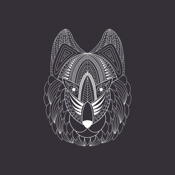 Vector illustration of doodle white wolf head on dark background.