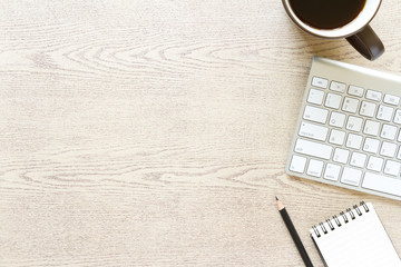 top view wooden office desk with computer and supplies