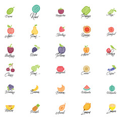 Fruits and vegetables, vegetarian set, summer isolated color vector icons.