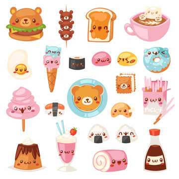Food kawaii vector cartoon bear expression characters of fastfood hamburger with icecream or doughnut emoticon illustration set of burger emotion and coffee emoji isolated on white background
