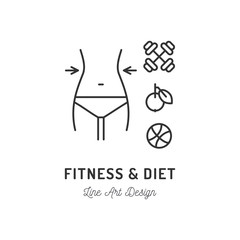 Fitness club logo, Diet icon, Healthy lifestyle. Slim body, Neat female figure, barbell, apple, ball. Thin line art icons, Vector outline illustration
