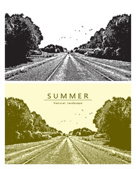 Summer landscape with a rural road, trees birds flying in the sky. Vector graphic illustration of summer nature in black and white and beige color, vintage style.