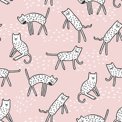 Vector illustration design pattern background adorable white cats on pink background. Scandinavian style. Good for kids fabric, textile, nursery wallpaper. Pastel colors.
