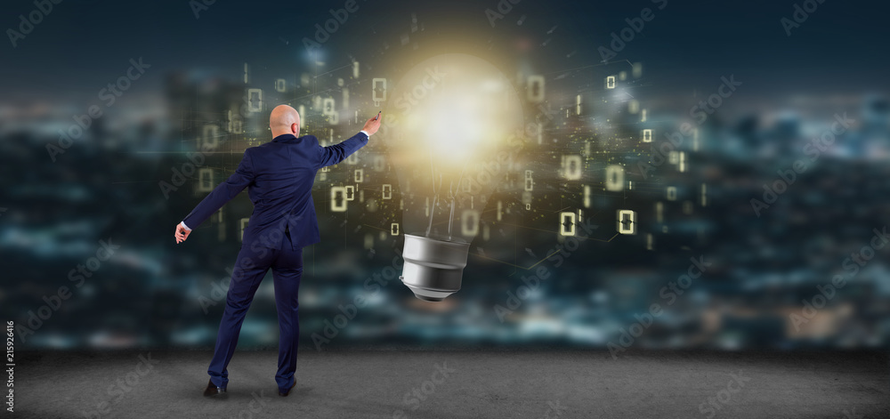 Poster businessman in front of a bulb lamp idea concept with start up icon connected 3d rendering