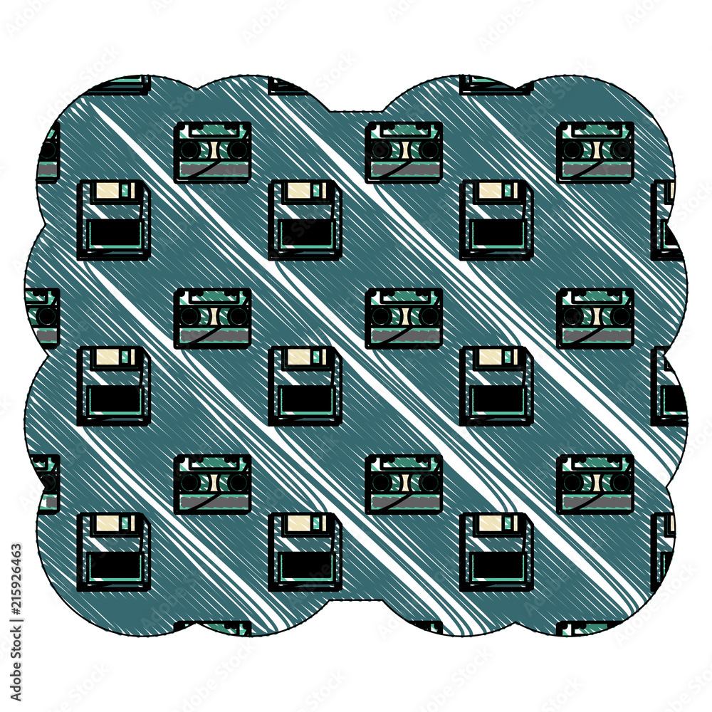 Poster decorative frame with diskette and cassette pattern over background, colorful design. vector illustr