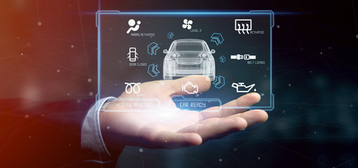 Man holding a Dashboard smartcar interface dashboard 3d rendering