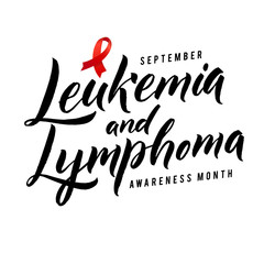 Leukemia and Lymhpoma Poster. Blood Cancer Awareness Label. Vector Tamplate with Red Ribbon - Symbol of Cancer Fight