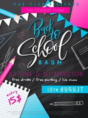 Vector illustration with design template for Back to school event poster with pencils, flag garland, paper page, stickers and Back to School hand lettering label on chalkboard background with doodle
