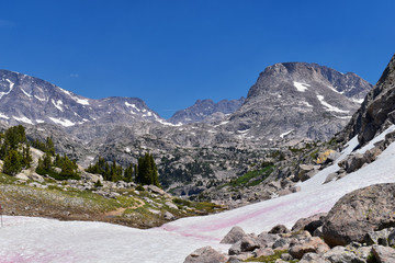 Wind River Range, Rocky Mountains, Wyoming, views from backpacking hiking trail to Titcomb Basin from Elkhart Park Trailhead going past Hobbs, Seneca, Island, Upper and Lower Jean Lakes as well as Pho