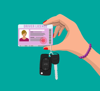 Car driver woman license, car keys in hand