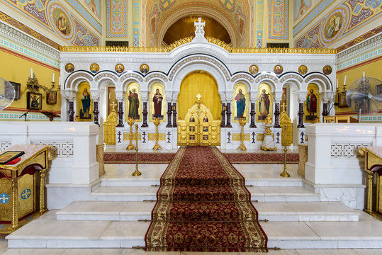 Sevastopol, Crimea - 06 21 2018: beautiful view on Interior of the St. Volodymyr's Cathedral in  ancient Chersonese Tavrichesky.