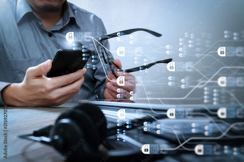 Poster man with eyeglasses hand using voip headset with digital tablet computer docking keyboard,smart phon