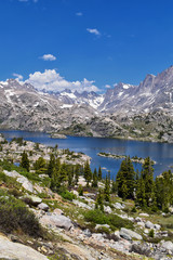 Wind River Range, Rocky Mountains, Wyoming, views from backpacking hiking trail to Titcomb Basin from Elkhart Park Trailhead going past Hobbs, Seneca, Island, Upper and Lower Jean Lakes as well as Pho