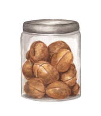 Hand drawn watercolor painting of Walnuts packed in glass jar isolated on white background.