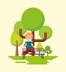 Obraz na płótnie Canvas man reading a book in the park over yellow background, colorful design. vector illustration