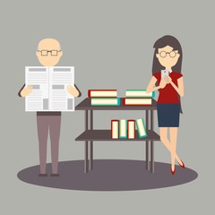man reading a nrespaper and woman using a cellphone next to a shelves with books over gray background, colorful design. vector illustration