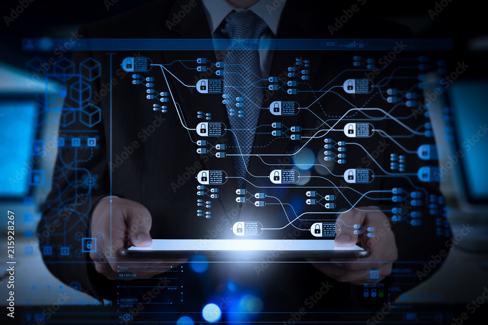 Poster blockchain technology concept with diagram of chain and encrypted blocks.