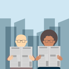 man and woman reading a newspaper  over city background, colorful design. vector illustration