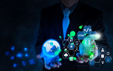 Coding software developer work with augmented reality dashboard computer icons of scrum agile...
