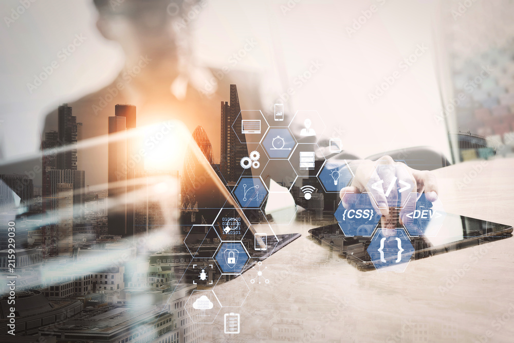 Poster double exposure of success businessman working in office with digital tablet laptop computer with lo