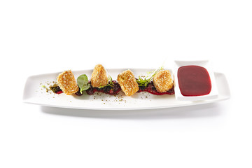 Hot Appetizers of Deep Fried Camembert with Sweet Jam