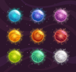 Cartoon colorful fantasy planets set.
