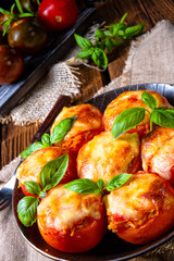 Tomatoes stuffed with rice and cheese from the oven