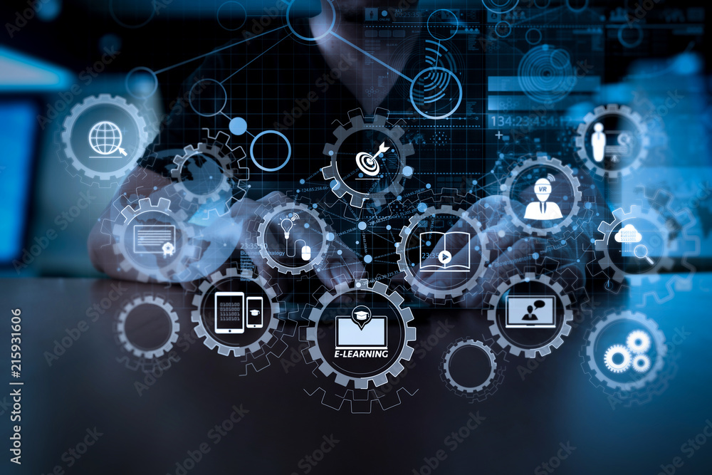 Aufkleber businessman hand using mobile phone with digital layer effect as business strategy concept