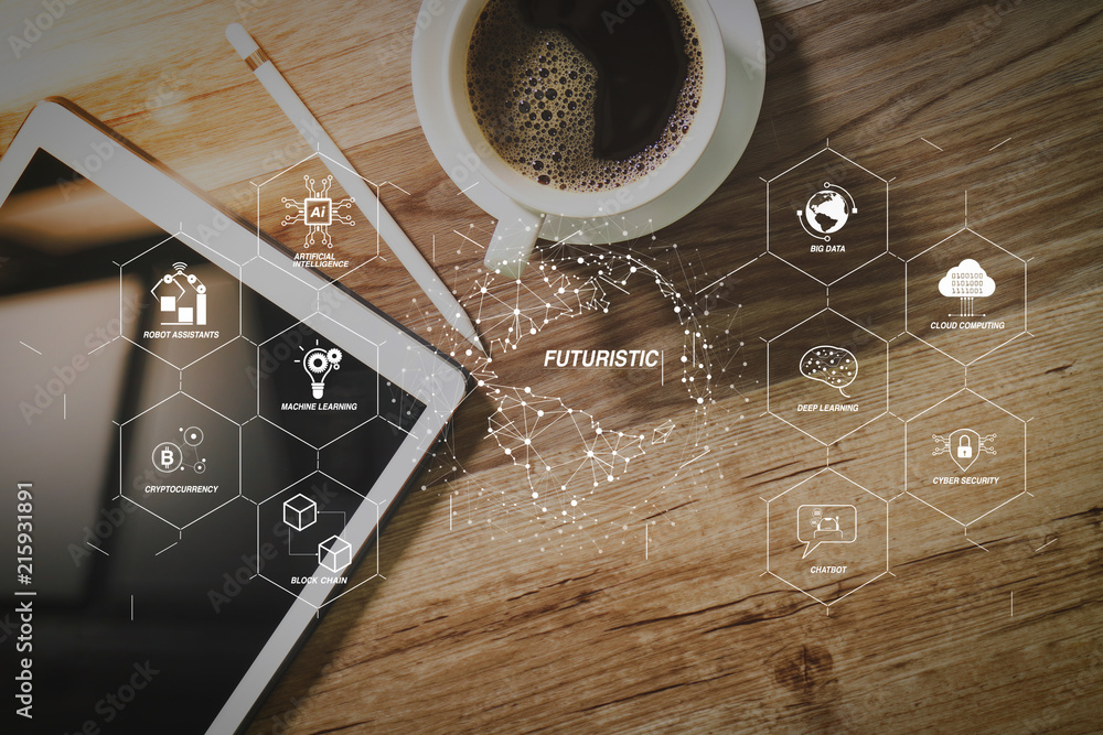 Poster coffee cup and digital table dock smart keyboard,eyeglasses,stylus pen on wooden table,filter effect