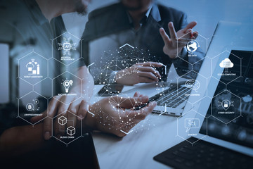 Business team meeting. Photo professional investor working new start up project. Finance task.Digital tablet docking keyboard laptop computer smart phone using, filter film effect