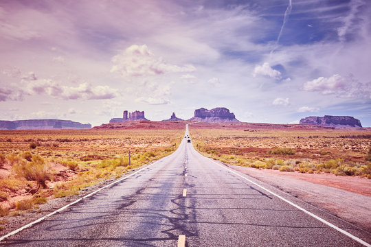 Scenic road to Monument Valley, color toned picture, USA.