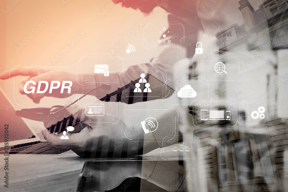 Poster double exposure of man using voip headset with digital tablet computer docking smart keyboard, conce