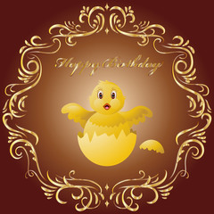 Greeting card with chicken and ornament. Happy Birthday! Vector illustration. Template for greeting cards