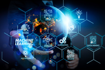 Machine learning technology diagram with artificial intelligence (AI),neural network,automation,data mining in VR screen.Business hand showing the earth.Elements of this image furnished by NASA