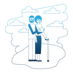 grandparents with phone and stick cane in the landscape