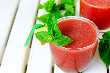 Watermelon shake with mint on white background
